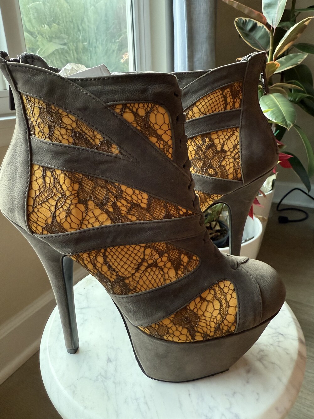 Grey Suede and Lace Platform Ankle Boots